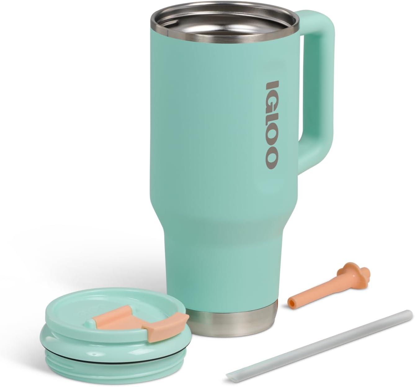 imageIgloo 32 oz Tumbler with Handle Reusable Travel Mug Stainless Steel Insulated Hydration Cup for Hot ampamp Cold Beverages SeafoamSeafoam 32 Oz