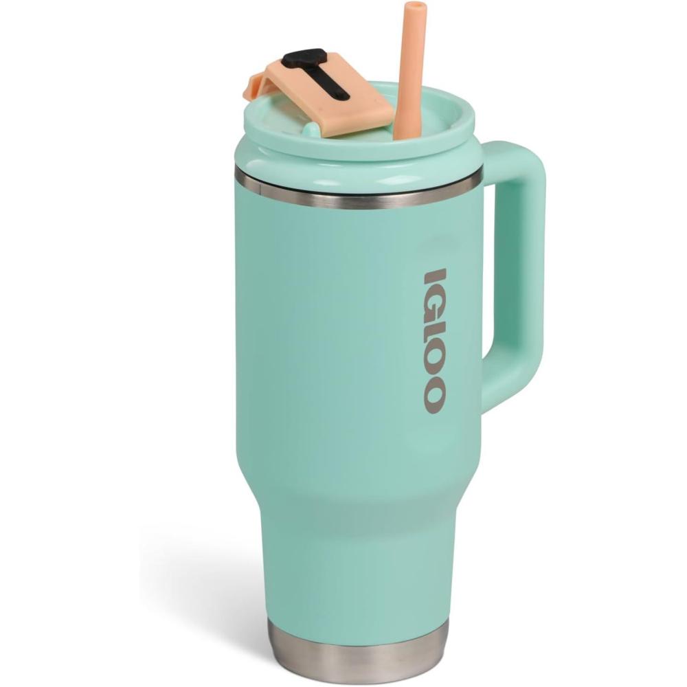 imageIgloo 32 oz Tumbler with Handle Reusable Travel Mug Stainless Steel Insulated Hydration Cup for Hot ampamp Cold Beverages SeafoamSeafoam 32 Oz